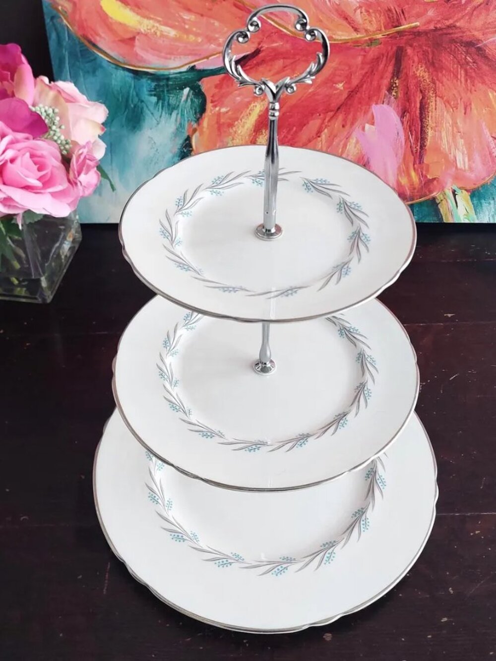3-Tier Cake Stand Bone China Blue White Gray